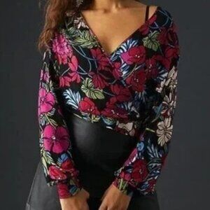 Tiny Finley black floral wrap cropped Anthropologie blouse top shirt